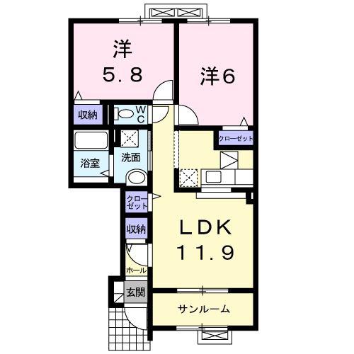 グランド・メゾン東根 弐番館(2LDK/1階)の間取り写真