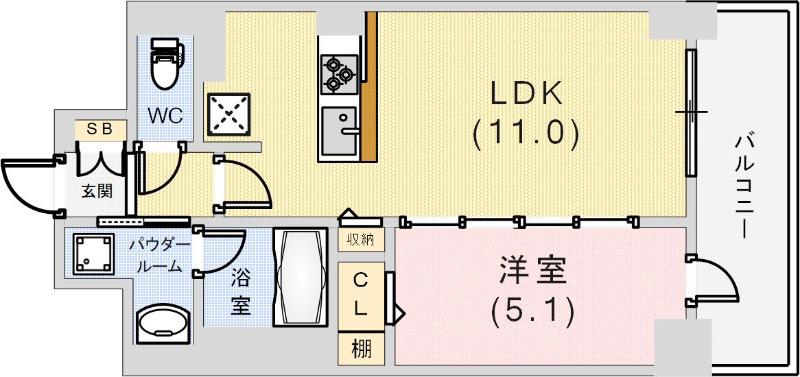 グランビスタ新神戸(1LDK/6階)の間取り写真