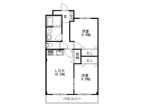クレージュあさひ(2LDK/2階)の間取り写真