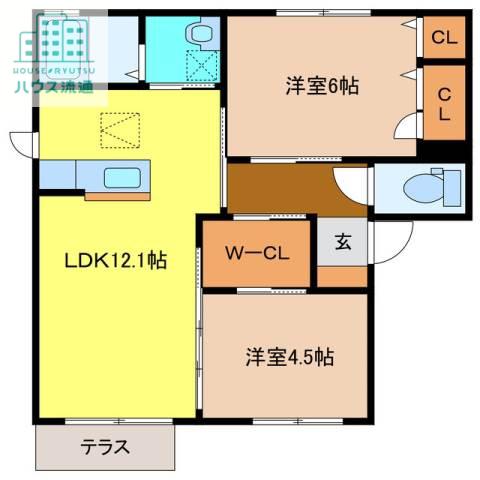クレガB棟(2LDK/1階)の間取り写真