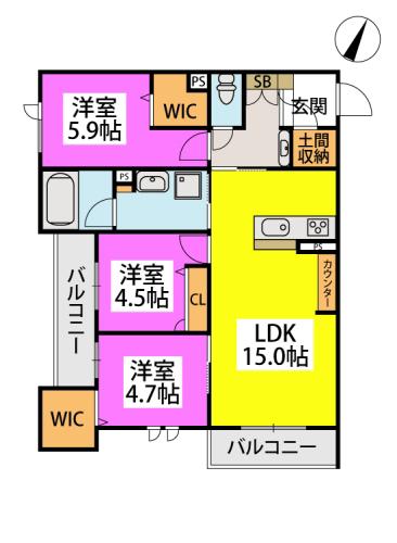 カーサ宮ノ前直方(3LDK/1階)の間取り写真