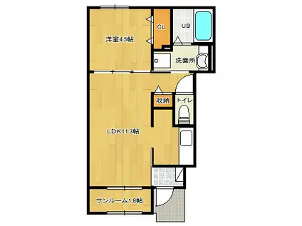 フローラ緑が丘(1LDK/1階)の間取り写真