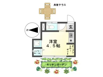 恵明荘 HERBAL APARTMENT みんなで創るキッチンガーデン(ワンルーム/1階)の間取り写真