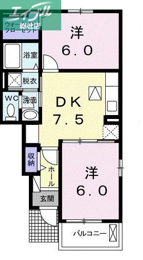 ベルカーサA(2DK/1階)の間取り写真