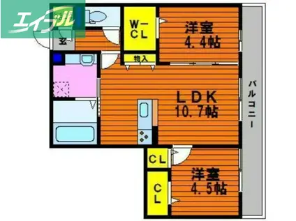 ヴェルドミールB棟(2LDK/2階)の間取り写真