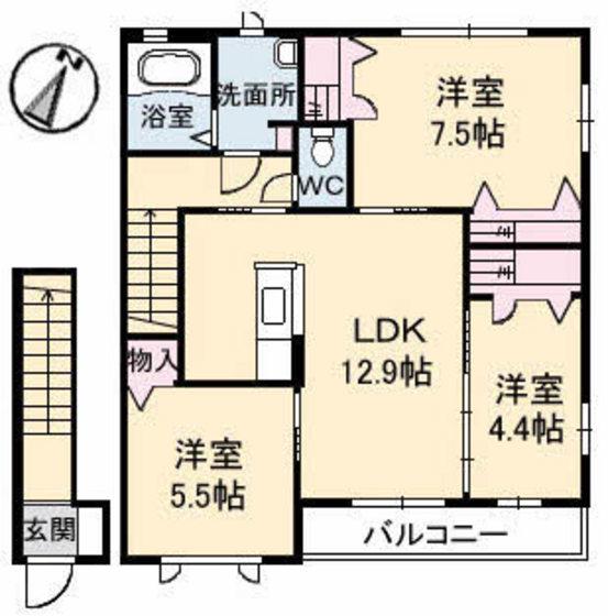 グレースヒルズA棟(3LDK/2階)の間取り写真