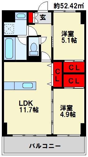 プランドール一枝(2LDK/5階)の間取り写真