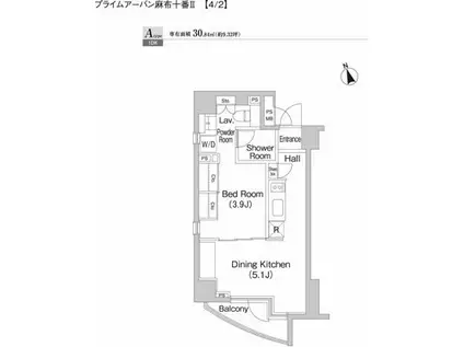 プライムアーバン麻布十番II(1DK/3階)の間取り写真