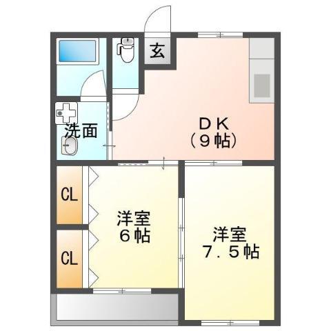 ボヌール 壱番館(2DK/1階)の間取り写真