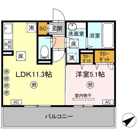 D-ROOM八代市西片町18PJ(1LDK/3階)の間取り写真