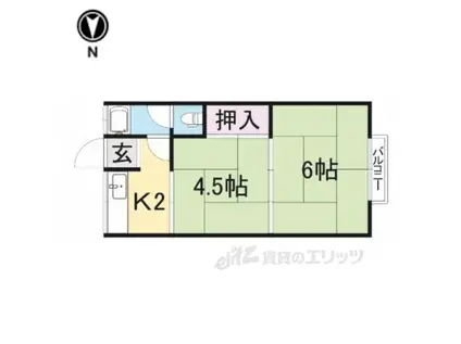 近鉄奈良線 富雄駅 徒歩14分 2階建 築58年(2K/2階)の間取り写真