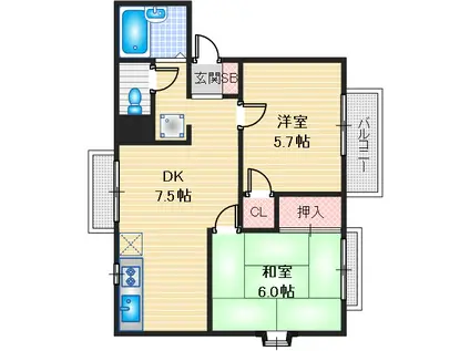 レーベンファミール鮎川(2DK/2階)の間取り写真