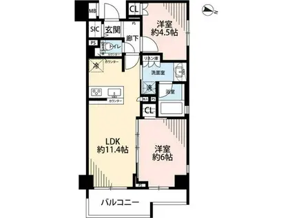 リュエル川崎パラッツォ(2LDK/5階)の間取り写真