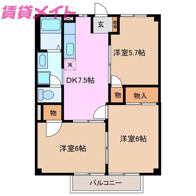 シティハイツさざらいD(3DK/2階)の間取り写真