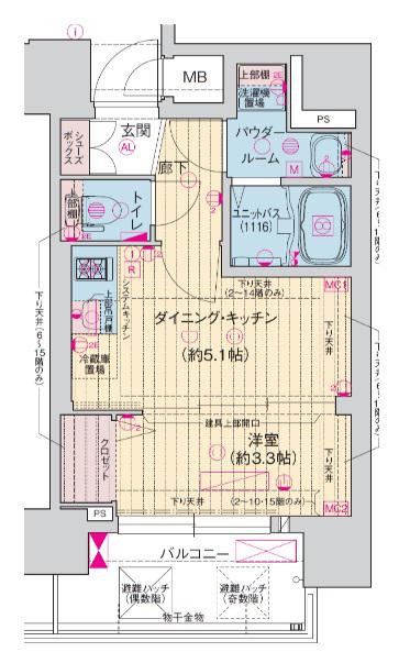 ソルテラス阿波座ウィズ(1DK/13階)の間取り写真