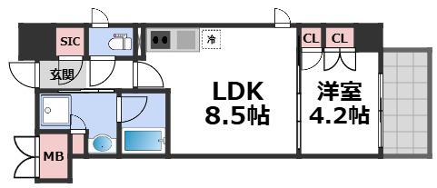 シティカレント天王寺ブロード(1LDK/3階)の間取り写真