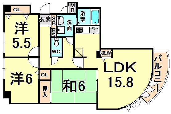 ボンヌール伊丹(3LDK/3階)の間取り写真