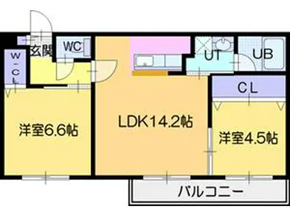 ネコオール野幌(2LDK/4階)の間取り写真