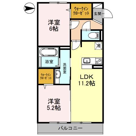 ラフィーネ大和八木 W棟(2LDK/2階)の間取り写真
