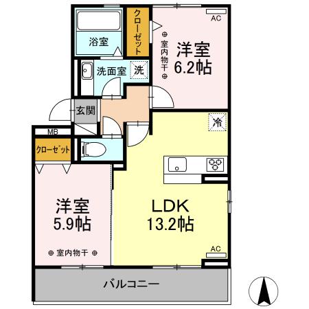 D-ROOM 新木曽川 B棟(2LDK/2階)の間取り写真