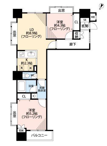 ベルシャンブル小山(2LDK/2階)の間取り写真
