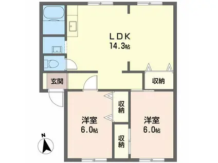 サンビレッジ高松 D棟(2LDK/1階)の間取り写真
