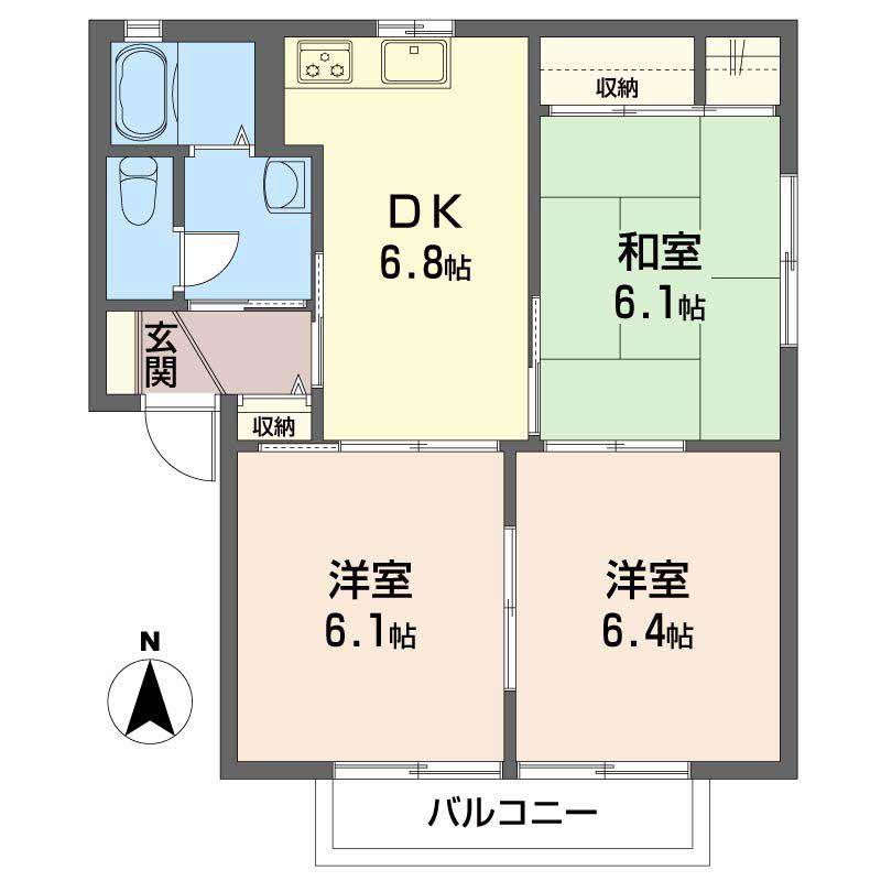 アメニティ朝倉 A棟(3DK/2階)の間取り写真