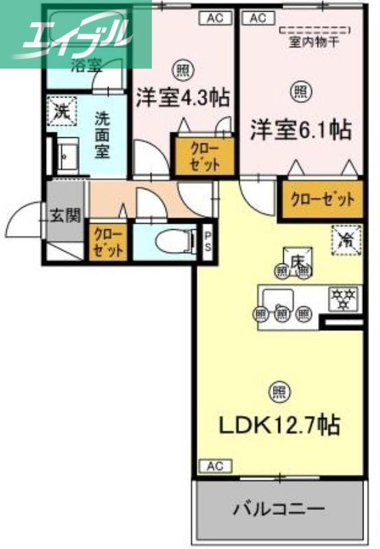 シャンポールさい D棟(2LDK/3階)の間取り写真