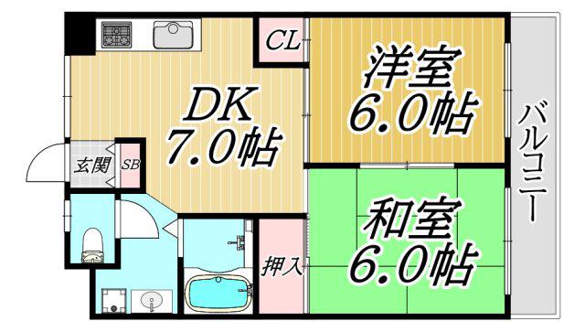 ウェルハイツ東園田(2DK/5階)の間取り写真