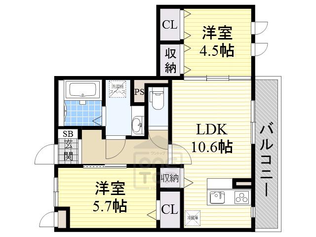 阪急箕面線 桜井駅(大阪) 徒歩11分 3階建 築13年(2LDK/2階)の間取り写真