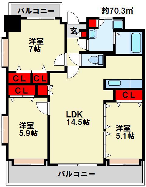 ニューサンリバー12番館(3LDK/10階)の間取り写真