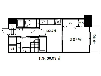 レジディア神戸磯上(1DK/9階)の間取り写真