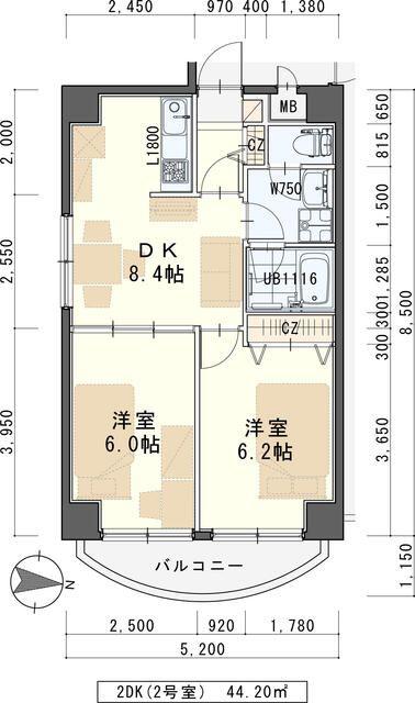 K-1二日町(2DK/6階)の間取り写真