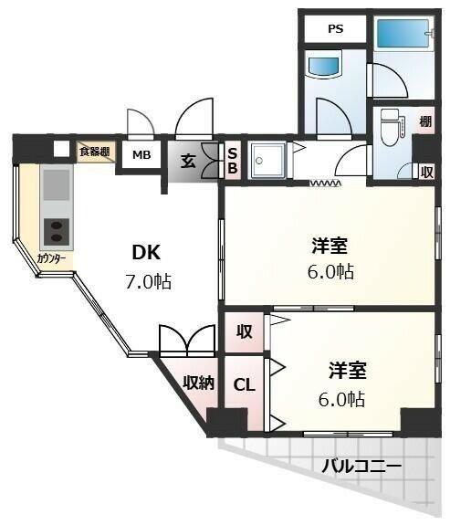 グランフォークスI鷹翔(2DK/4階)の間取り写真