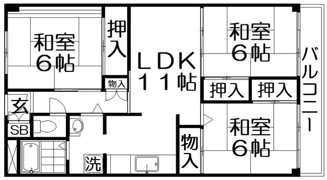 香里園ヒルズ(3LDK/3階)の間取り写真