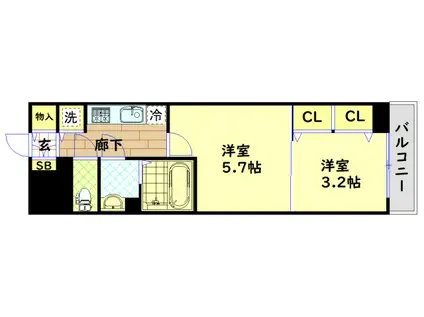 S-RESIDENCE日本橋QUALIER(2K/2階)の間取り写真