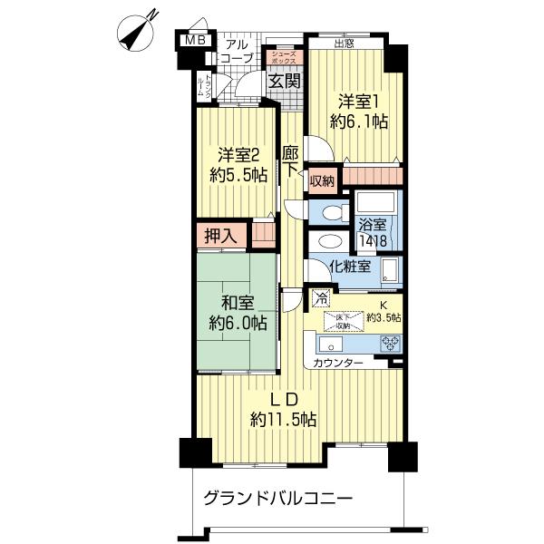 ダイアパレス青山彩都(3LDK/2階)の間取り写真