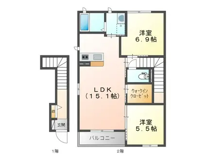 サンセール B棟(2LDK/2階)の間取り写真