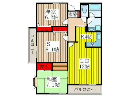 武蔵野パークヒルズ(2SLDK/3階)の間取り写真