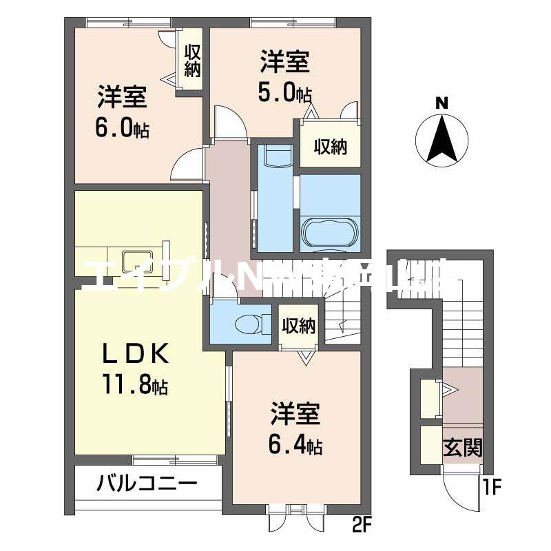 レジデンス原尾島D棟(3LDK/2階)の間取り写真