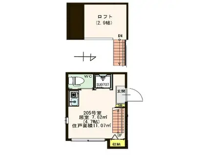 CLAVEL(ワンルーム/2階)の間取り写真