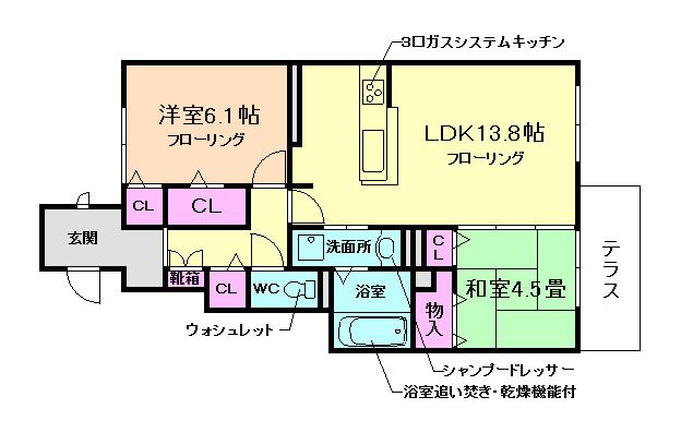 グランチュイールB棟(2LDK/1階)の間取り写真