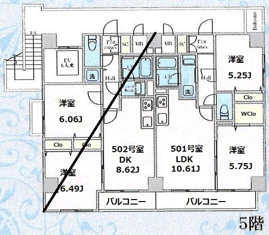 ソミエール(2DK/5階)の間取り写真