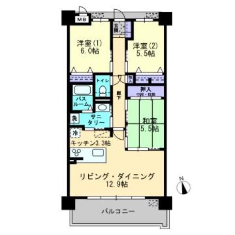 アルファステイツ花殿(3LDK/6階)の間取り写真