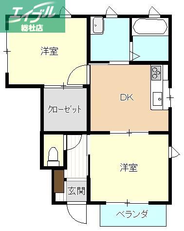 ＪＲ吉備線 総社駅 徒歩6分 2階建 築19年(2DK/1階)の間取り写真