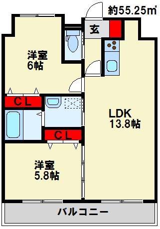 ヴァルトハヤシI(2LDK/8階)の間取り写真