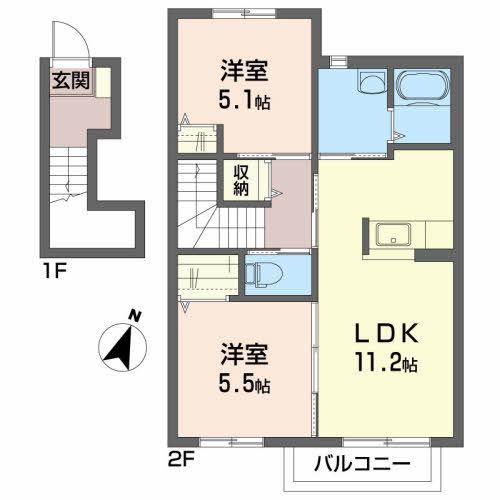 ベルメゾン桑野A(2LDK/2階)の間取り写真
