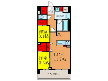 レ・リーヴル(2LDK/3階)の間取り写真