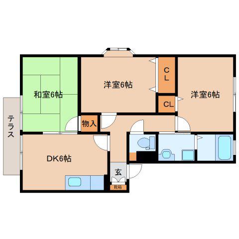 シャルマン弐番館B棟(3DK/1階)の間取り写真