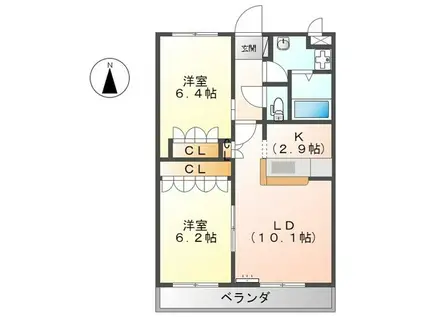 ロイヤルヒルズ鹿城(2LDK/2階)の間取り写真